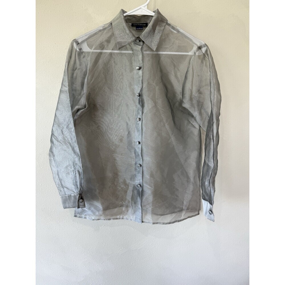 Ann Taylor Women’s Small 100% Polyester Blouse Button Up Gray See Through Sheer